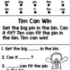 Screenshot 2025-02-07 at 9.17.22 AM Educational worksheet titled 'Tim Can Win' teaching short I words with a fun activity about fitting a big pin in a bin.