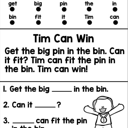 Educational worksheet titled 'Tim Can Win' teaching short I words with a fun activity about fitting a big pin in a bin.