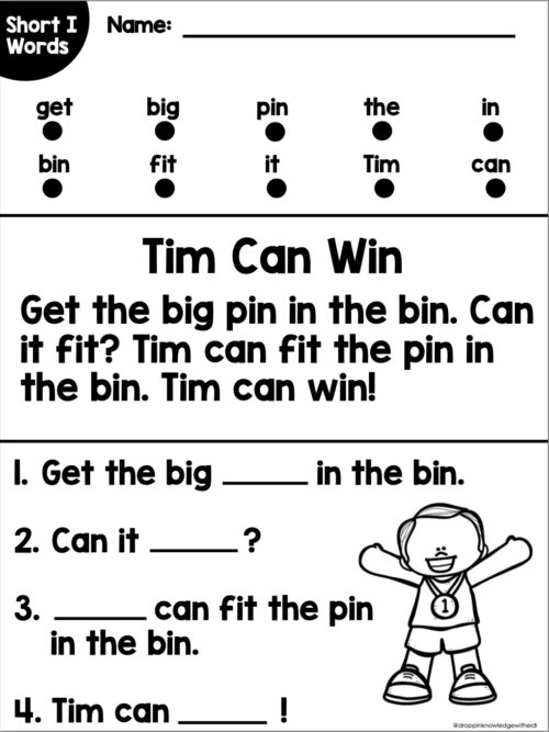 Screenshot 2025-02-07 at 9.17.22 AM Educational worksheet titled 'Tim Can Win' teaching short I words with a fun activity about fitting a big pin in a bin.