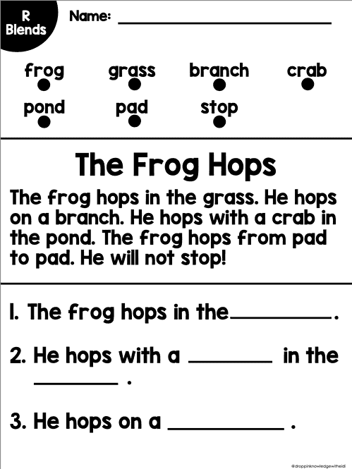 Screenshot 2025-02-07 at 9.17.58 AM Educational worksheet about frog hopping behavior with labeled diagrams and fill-in-the-blank questions for homeschooling.