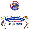 Shape Magic badge and certificate, resized Certificate of Completion for Mini Art Adventures: Shape Magic from Homeschool Resource Co. with colorful crayons, brushes, and a rainbow border.