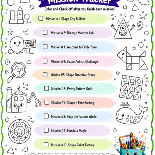 Shape Magic Mission Tracker page featuring colorful missions like Shape City Builder, Triangle Monster Lab, Welcome to Circle Town, and Shape Robot Factory with doodle illustrations.