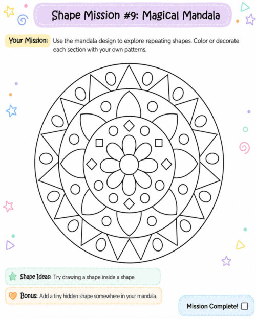 Shape Mission 9 Magical Mandala, resized Magical Mandala shape mission for homeschool art: a detailed circular mandala with geometric patterns and repeating shapes in black and white.