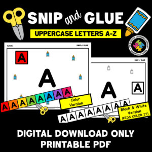 Alphabet Uppercase Letters Snipping Scissors Skills (Fine Motor Skills) Cut and Paste Activity Packet Preschool PreK