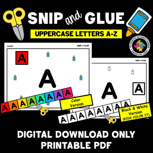 Slide1 Homeschool Resource Co. uppercase letter A printable activity for kids, available in color and black & white versions, designed for educational use.