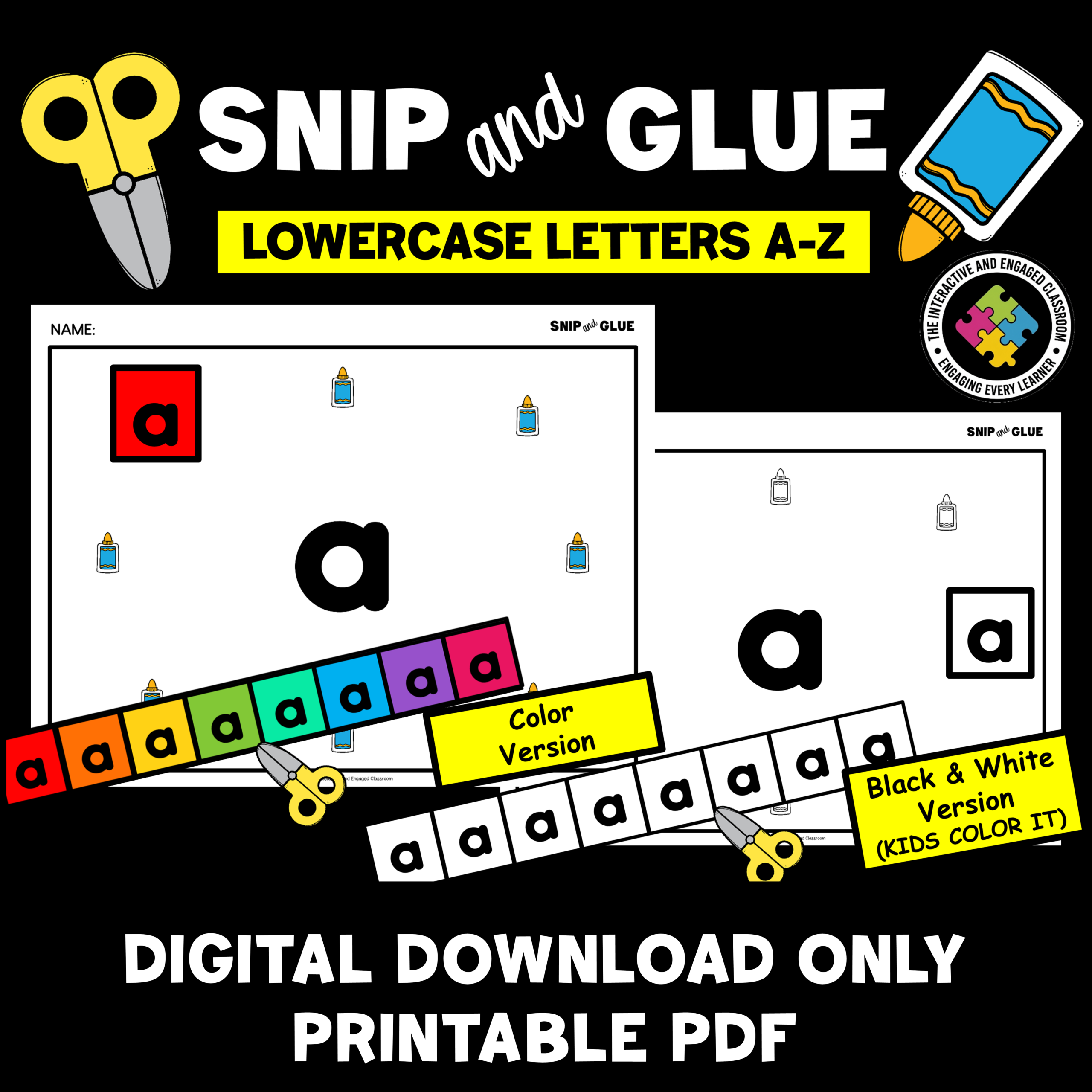 Alphabet Lowercase Letters Snipping Scissors Skills (Fine Motor Skills) Cut and Paste Activity Packet Preschool PreK