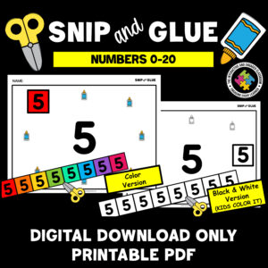 Preschool Numbers 0-20 Cut and Paste Activity Packet - Snipping - Scissor Skills Fine Motor Skills Toddlers PreK Kindergarten