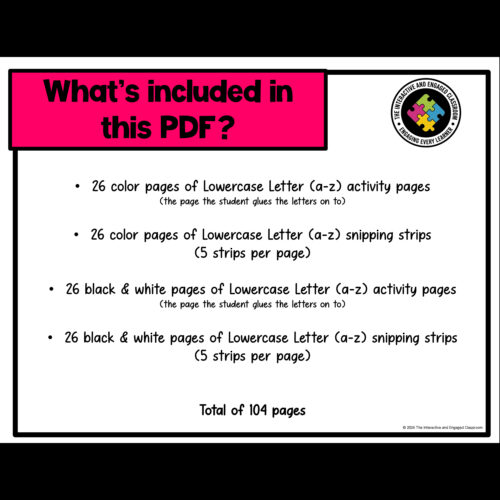 Homeschool Resource Co. PDF includes lowercase letter activity pages, snipping strips, and black & white pages for comprehensive handwriting practice.