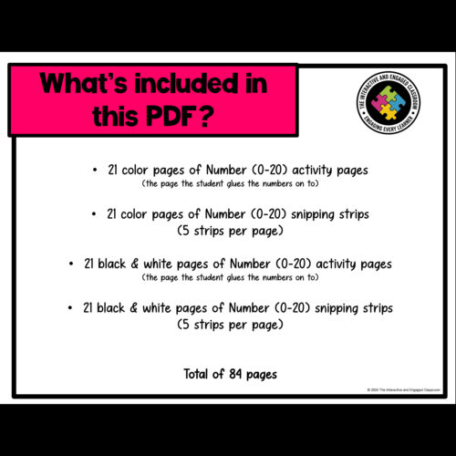 Homeschool Resource Co. PDF contents showing number and snipping strips pages for educational activities.