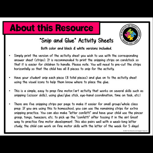 Slide3 Homeschool resource page featuring 'Snip and Glue' activity sheets for children, with instructions for printing and using strips for motor skills development.