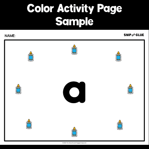 Slide4 Color activity page featuring a large lowercase letter 'a' surrounded by glue bottle icons for homeschooling.