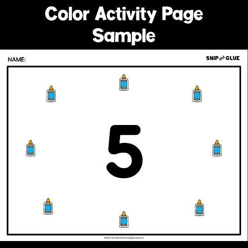 Slide4 Color activity page featuring a large number 5 surrounded by glue bottle icons for homeschooling educational activities.
