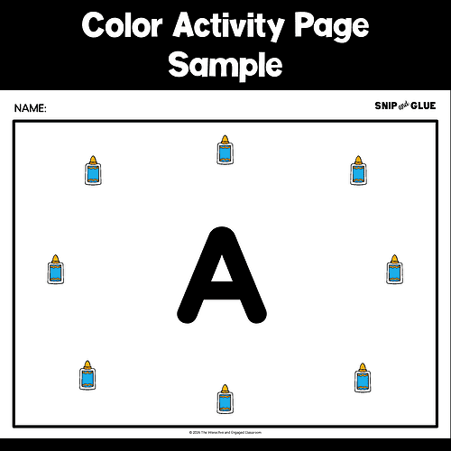 Color Activity Page Sample for Homeschool Color activity page featuring a large letter A surrounded by glue bottles for homeschooling activities.