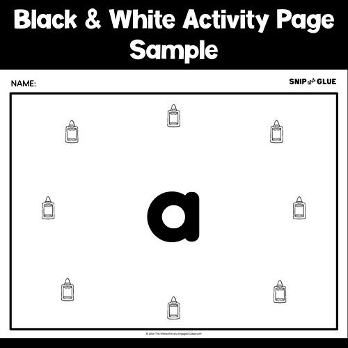 Slide6 Black and white activity page for homeschooling with glue bottles and a large lowercase 'a' in the center.