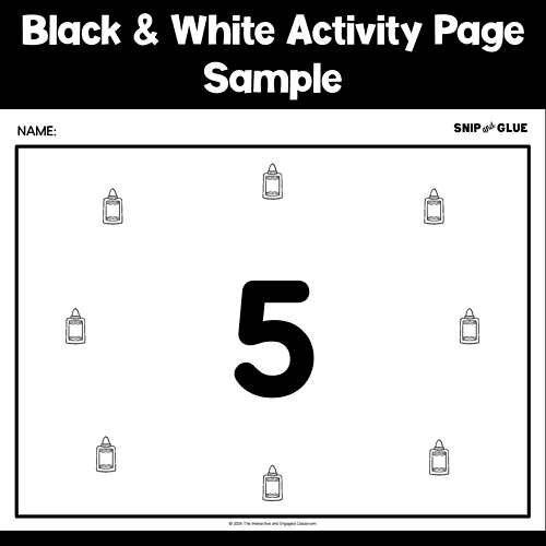 Slide6 Black and white activity page with a large number 5 in the center, surrounded by glue bottle icons for homeschooling or educational activities.