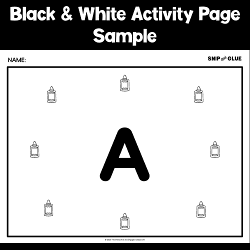 Black & White Homeschool Activity Page Black and white homeschool activity page with the letter A in the center and glue bottles around the border for educational use.