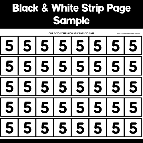 Slide7 Black and white printable strip page for homeschooling, featuring multiple rows of the number 5 for cutting into strips.