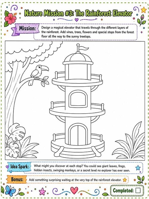 Starter Kit Rainforest Elevator mission, resized Illustration of a layered rainforest elevator tower amid trees and foliage, with a small dome on top and circular balconies.