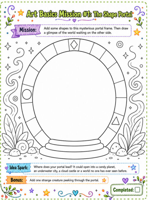 Starter Kit Shape Portal mission, resized Homeschool Resource Co. art activity: a circular portal frame with decorative doodles and a blank center for Shape Portal mission page, suitable for kids.