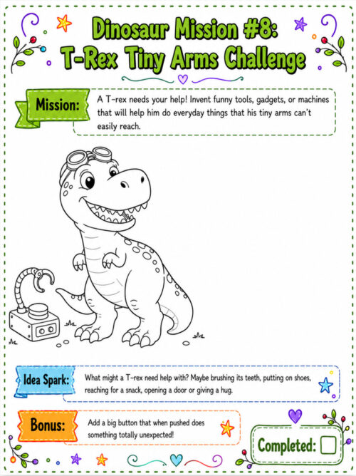 Starter Kit T-Rex Tiny Arms mission, resized T-Rex Tiny Arms Challenge: a friendly cartoon dinosaur with oversized tiny arms conducting a science mission.