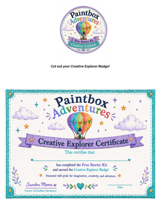 Starter Kit badge and certificate, resized Paintbox Adventures Creative Explorer Certificate badge and certificate image from Homeschool Resource Co., featuring a colorful hot air balloon, decorative stars, and a purple ribbon with the text '创.