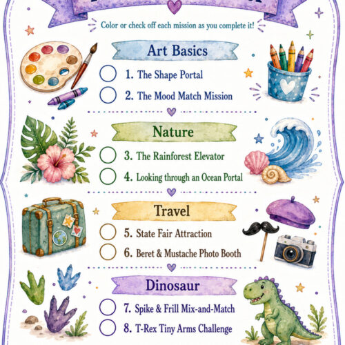 Mission Tracker page from Paintbox Adventures featuring Art Basics, Nature, Travel, Dinosaur sections with colorful illustrations and icons.