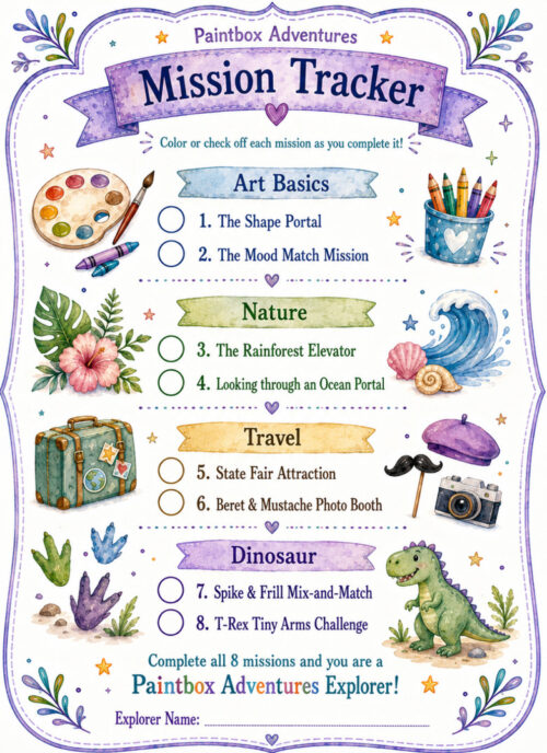Starter Kit mission tracker, resized Mission Tracker page from Paintbox Adventures featuring Art Basics, Nature, Travel, Dinosaur sections with colorful illustrations and icons.