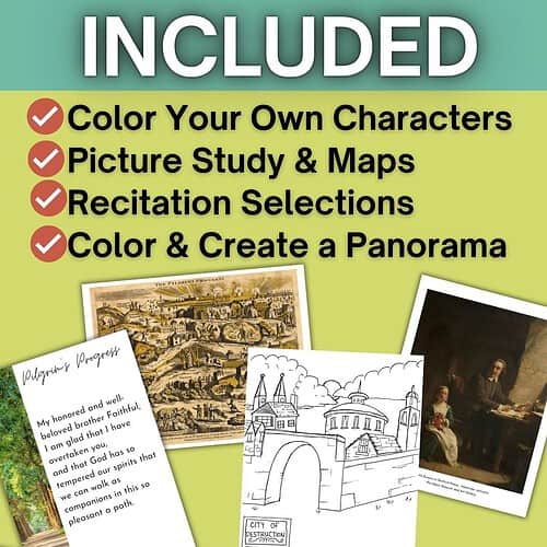 Homeschool Resource Co. educational materials including character coloring, picture study, maps, recitation, and panorama creation.