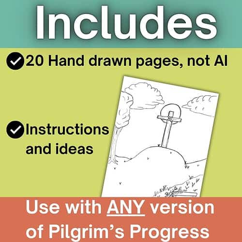 TPT color your own covers (33) Homeschool resource includes 20 hand-drawn pages and instructions, suitable for any version of Pilgrim's Progress, for engaging homeschooling activities.