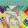 TPT color your own covers (34) Colorful crayons and watercolor paints surround a children's drawing of a pond with a tree, rocks, and a sign that says 'SLOUGH OF DESPOND' for homeschool art activity.