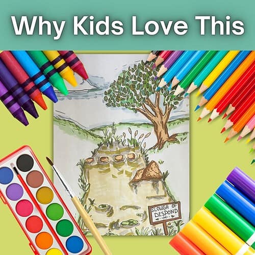 Colorful crayons and watercolor paints surround a children's drawing of a pond with a tree, rocks, and a sign that says 'SLOUGH OF DESPOND' for homeschool art activity.