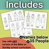 Homeschool resource featuring illustrated characters with names for over 35 biblical or Sunday school curriculum figures.