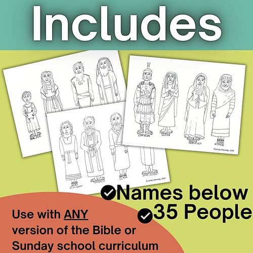 TPT color your own covers (36) Homeschool resource featuring illustrated characters with names for over 35 biblical or Sunday school curriculum figures.