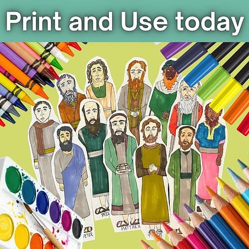 Colorful illustrated characters of historical figures surrounded by crayons and markers, promoting print and use in homeschooling activities.