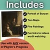 Educational resource featuring a portrait of Bunyan, maps, paintings, and video links for homeschooling.