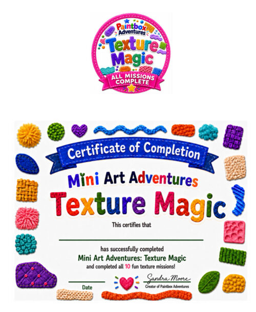 Texture Magic badge and certificate, resized Texture Magic Mini Art Adventures certificate of completion with colorful polymer clay textures and vibrant lettering for homeschool art project.