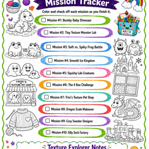 Texture Magic Mission Tracker page featuring colorful doodles, a checklist of ten missions for homeschool texture exploration, and playful illustrations of animals, a rainbow, and a castle.