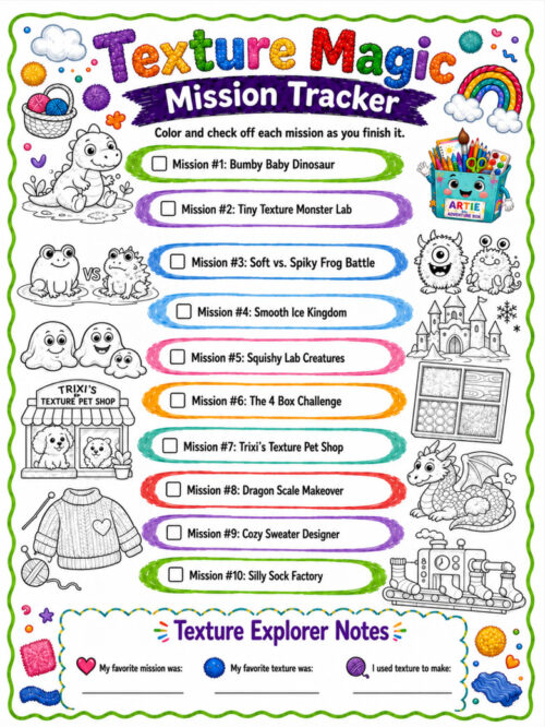 Texture Magic mission tracker, resized Texture Magic Mission Tracker page featuring colorful doodles, a checklist of ten missions for homeschool texture exploration, and playful illustrations of animals, a rainbow, and a castle.