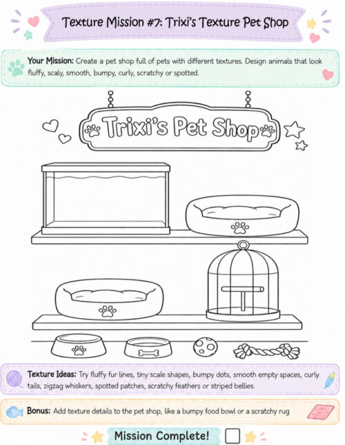 Texture Mission 7 Trixi's Texture Pet Shop, resized Line art illustration of a pet shop display with a sign 'Trixi's Pet Shop', showing two pet beds, a birdcage, a water bowl, and a small striped rug, framed by decorative banners and icons.