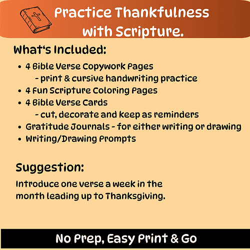 Practice Thankfulness with Scripture: homeschool resource page showing printable Bible verse pages, coloring pages, gratitude journals and writing prompts for kids.
