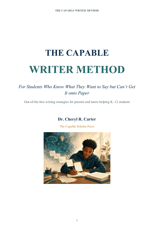 The Capable Writer Method Cover of 'The Capable Writer Method' book showing a young student writing at a desk with books and a creative background.