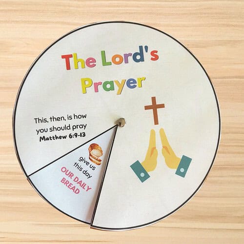 Homeschool resource clock featuring The Lord's Prayer and a bread reminder for daily spiritual practice.