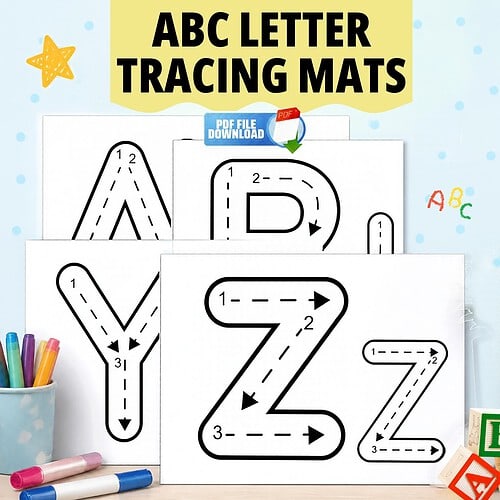 ABC Letter Tracing Mats ABC letter tracing mats for preschool learning, featuring large outlined letters with numbered arrows for tracing practice.