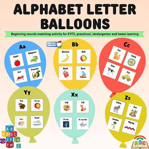 Letter Balloons Activity Colorful alphabet letter balloons for early childhood education with images of objects starting with each letter.
