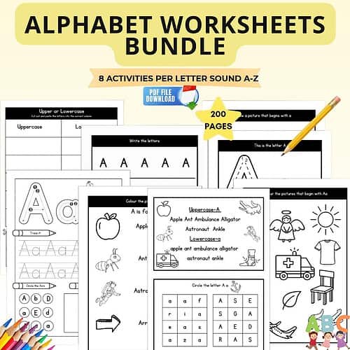Alphabet Worksheets Bundle Homeschool Resource Co. offers alphabet worksheets bundle with 8 activities per letter A-Z, including coloring, writing, and letter recognition for early learners.