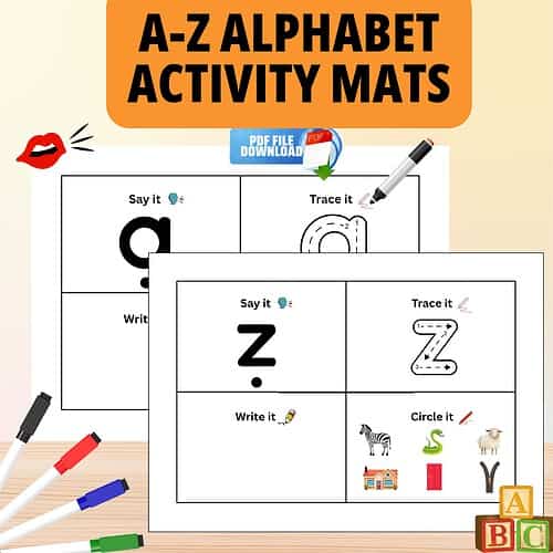 Alphabet Activity Mats A–Z A-Z alphabet activity mats for homeschooling with tracing, saying, writing, and circle activities for each letter.