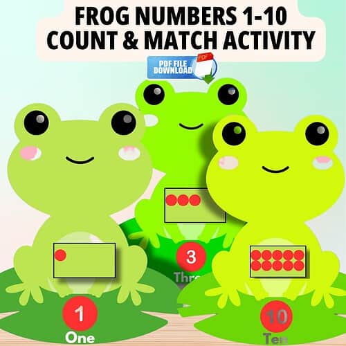 Frog Numbers to 10 Activity Colorful frog number counting activity for children, featuring frogs with numbers 1, 3, and 10, designed for homeschool learning and educational fun.