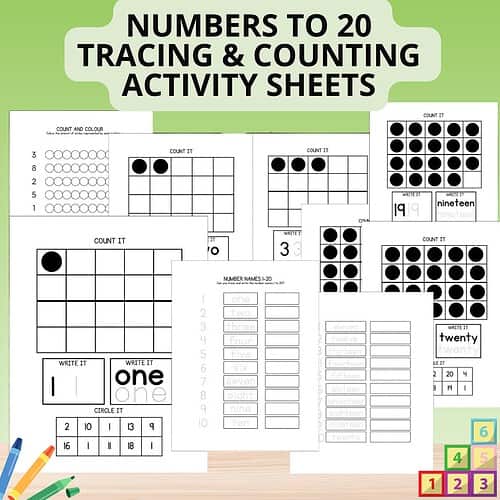 Number Tracing & Counting to 20 Worksheets Collection of educational tracing and counting activity sheets for homeschooling, featuring number recognition, counting, and writing exercises for children.