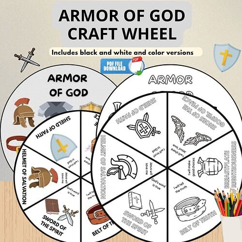 Armor of God Wheel Craft Homeschool Resource Co. offers armor of God craft wheel with black, white, and color versions for religious education.