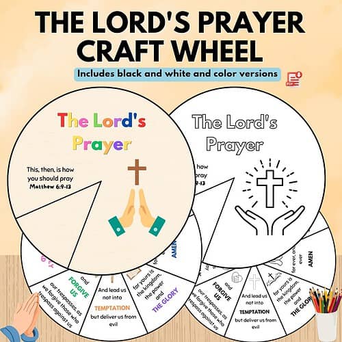 The Lord's Prayer Craft Wheel The Lord's Prayer Craft Wheel image showing colorful hands praying circle and a cross, designed for homeschooling resources.